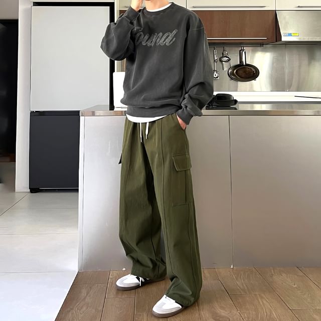 Okwano-Drawstring Waist Plain Straight Leg Cargo Pants