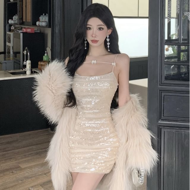 NENE-Spaghetti Strap Sequin Ruched Bodycon Mini Dress