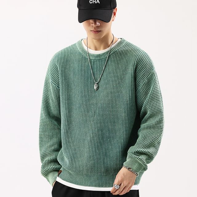 Nataro-Crew Neck Plain Waffle Sweater