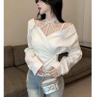 Whoosh-Halter Neck Lace Camisole Top Collared Plain Blouse