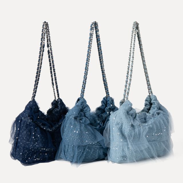 TangTangBags-Sequined Ruffled Mesh Denim Bucket Bag