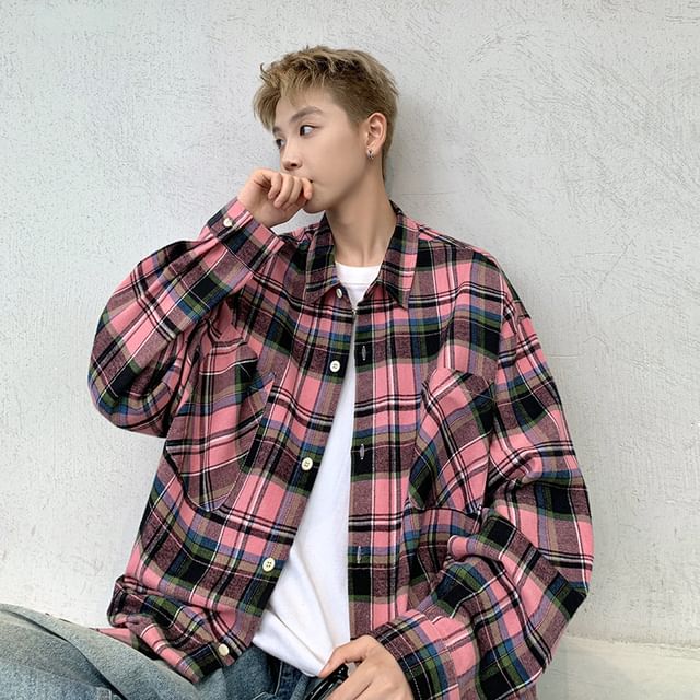 FOEV-Long Sleeve Collared Plaid Shirt