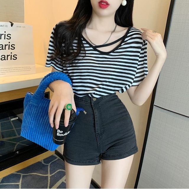 White Striped Shirt Black Shirt With Denim Shorts Amanee Short