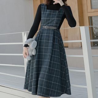 Posreflo - Square Neck Belted Plaid Midi A-Line Jumper Dress / Long-Sleeve Plain Knit Top (Various Designs) / Set