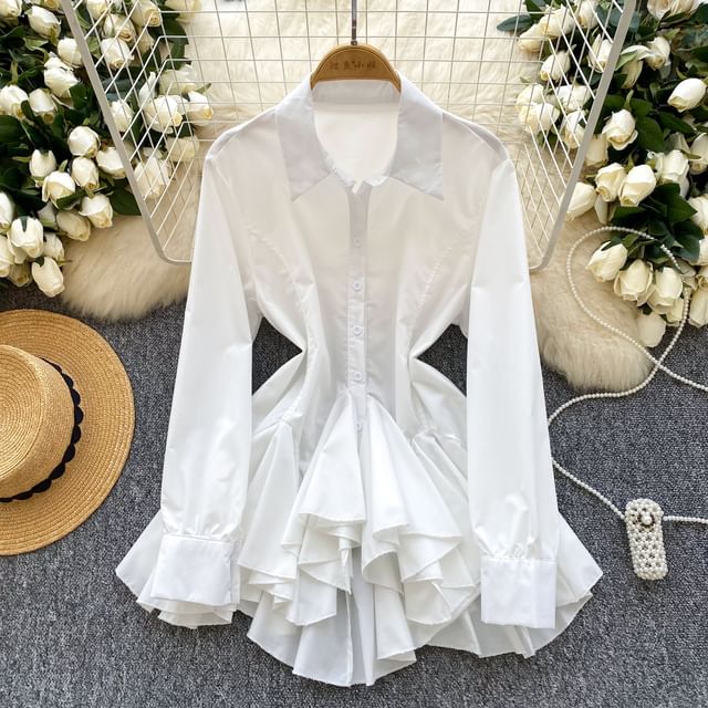 Lucuna - Long Sleeve Collared Plain Ruffle Mini A-Line Shirt Dress |  YesStyle