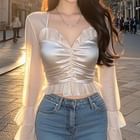 Fanoy - Long-Sleeve Plain Ruched Ruffle Trim Cropped Blouse | YesStyle