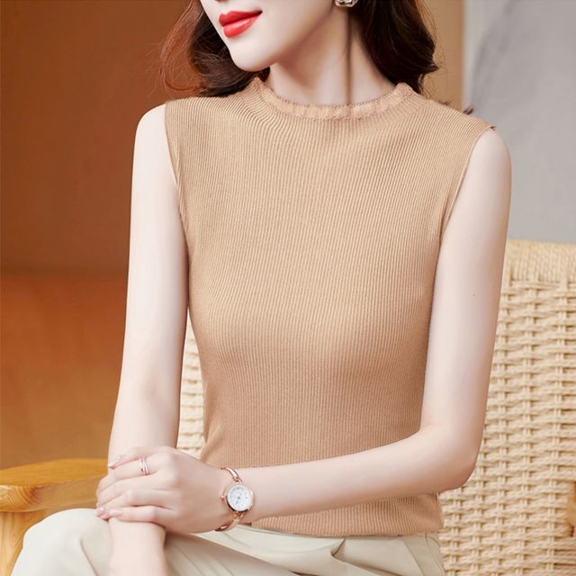 Everose-Crew Neck Plain Ribbed Tank Top