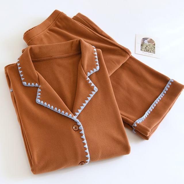 Dogini-Pajama Set Long-Sleeve Lapel Collar Contrast Stitched Button-Up Top Pants
