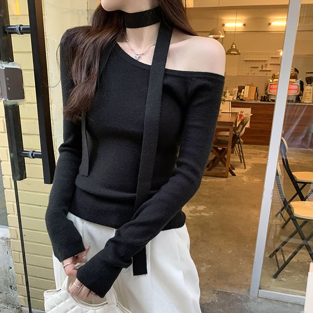 Dragan Pulse-Set Long-Sleeve Off-Shoulder Knit Top Scarf