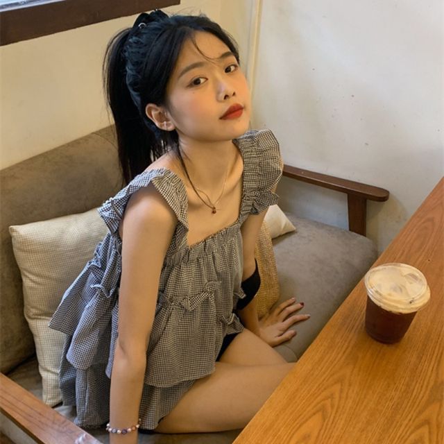 Ukiyo-Plaid Asymmetrical Ruffle Cami Top