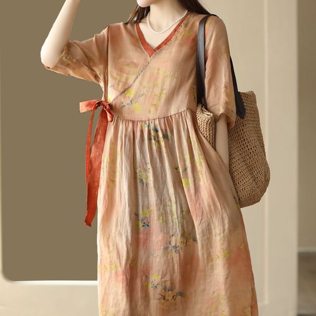 Mumame - Elbow-Sleeve V-Neck Floral Midi Smock Dress | YesStyle