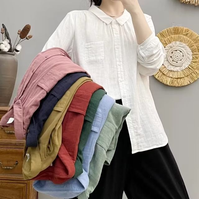PANDAGO-Long Sleeve Lapel Neck Plain Blouse