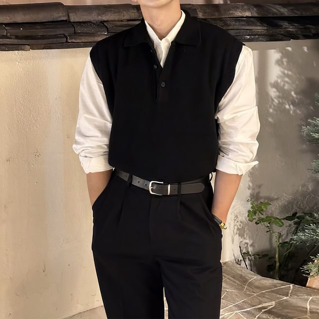 Okwano-Plain Polo Sweater Vest
