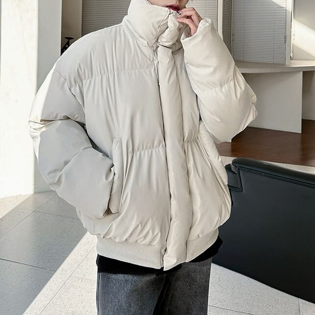 Omozando-Stand Collar Plain Zip Puffer Jacket
