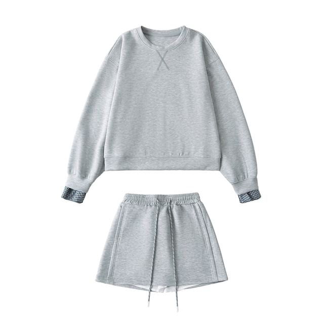 Ulark-Crew Neck Plaid Panel Sweatshirt Drawstring Waist Plain Mini A-Line Skirt