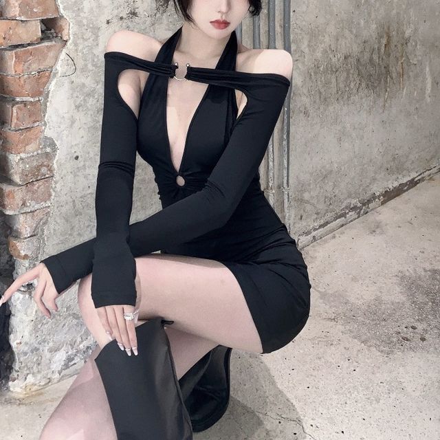 CosmoCorner - Long-Sleeve V-Neck Plain Slim-Fit Halter Mini Dress | YesStyle CosmoCorner - Long-Sleeve V-Neck Plain Slim-Fit Halter Mini Dress | YesStyle