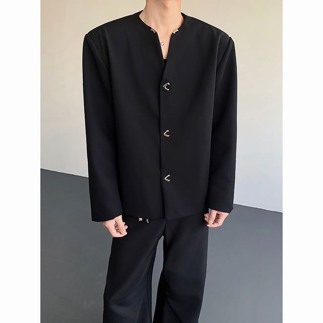 Freehop-Plain Padded Shoulder Button Jacket