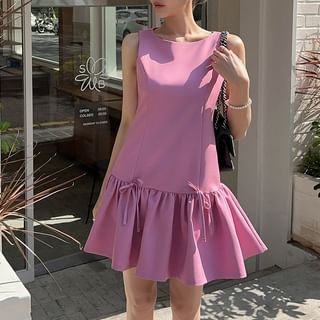 Jesong Sleeveless Round Neck Plain Bow Gathered Mini A-Line Dress Sale