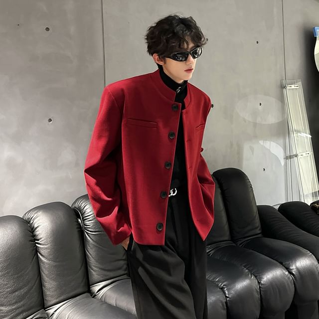 Orungeetun-Stand Collar Plain Button Jacket