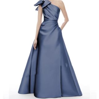 Wospe Sleeveless One Shoulder Plain Bow A-Line Evening Gown Sale