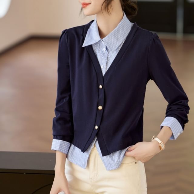 Dragan Pulse-Mock Two-Piece Long-Sleeve Collar Striped Panel Button Knit Top