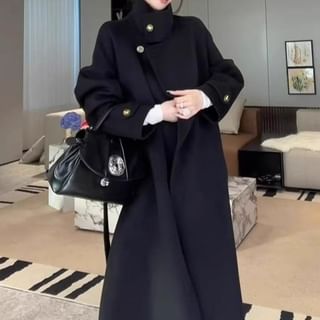 MIKIGA-Stand Collar Plain Buttoned Long Coat