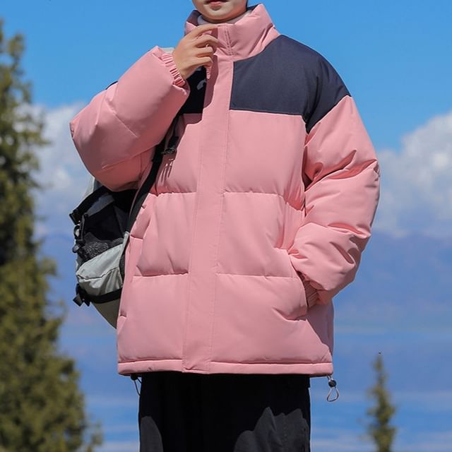 Dandyluxe-Stand Collar Two Tone Zip-Up Puffer Jacket