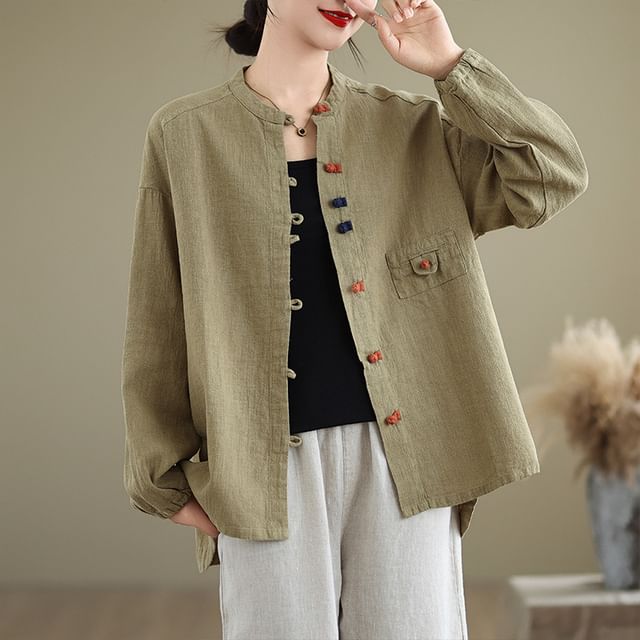Supernova-Long Sleeve Band Collar Plain Frog Closure Blouse