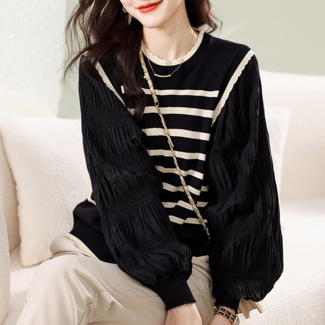 Dragan Pulse-Long-Sleeve Crew Neck Striped Panel Knit Top