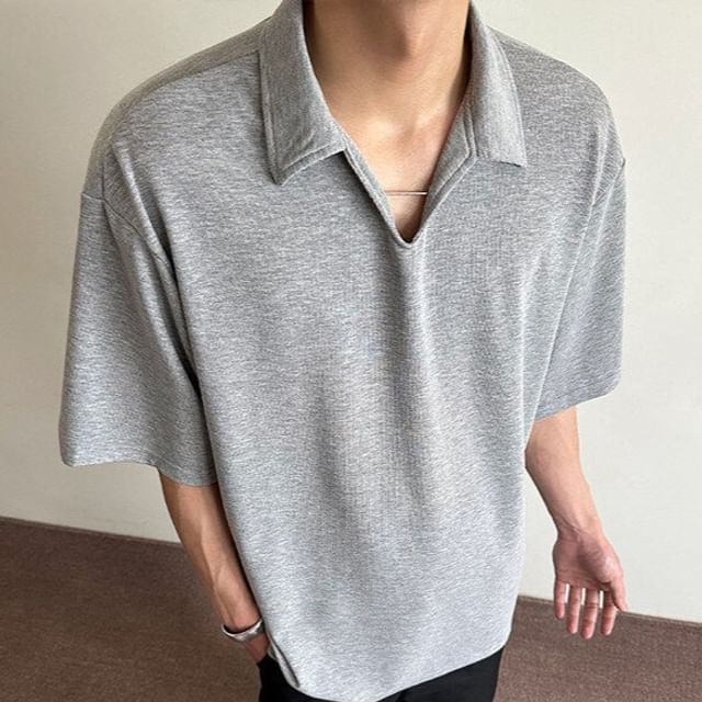 Drawouf-Elbow-Sleeve V-Neck Collared Plain T-Shirt