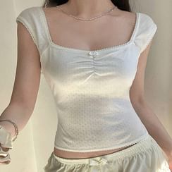 Honet - Cap Sleeve Square-Neck Lace-Trim Bow Accent Plain Pointelle Crop Top