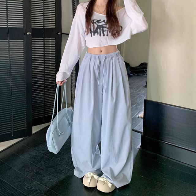 ANORA-Drawstring Waist Plain Baggy Pants