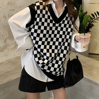 Dreamkura Plain Shirt / Checker Print Sweater Vest Sale