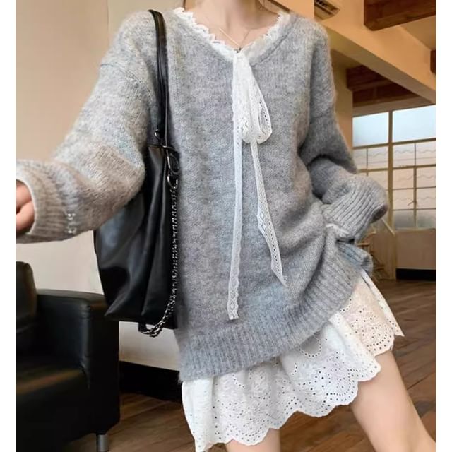 Trendycas - V-Neck Plain Oversized Sweater / Spaghetti Strap Lace Trim Mini  Sundress | YesStyle