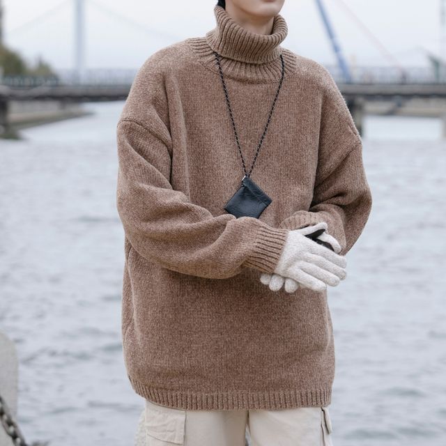 YERGO-Turtleneck Plain Loose-Fit Sweater