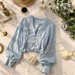 Lucuna - V-Neck Lantern-Sleeve Blouse Lucuna - V-Neck Lantern-Sleeve Blouse