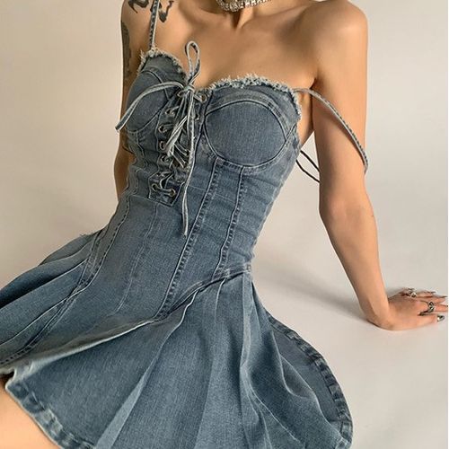 yesstyle denim dress Gourgie - Spaghetti Strap Washed A-Line Denim Dress