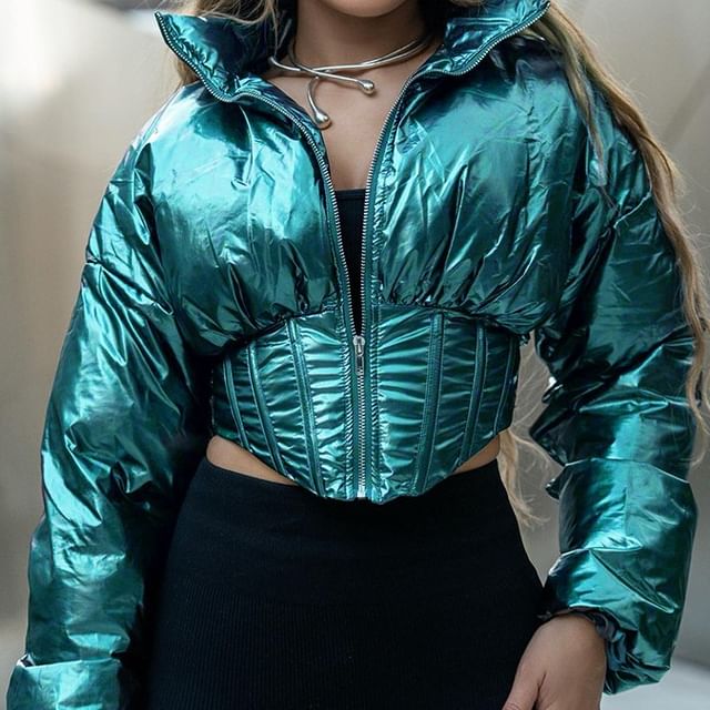 Puffie Stand Collar Plain Asymmetrical Glossy Zip-Up Crop Puffer