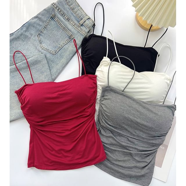 DIYI-Spaghetti Strap Plain Ruched Cami Top