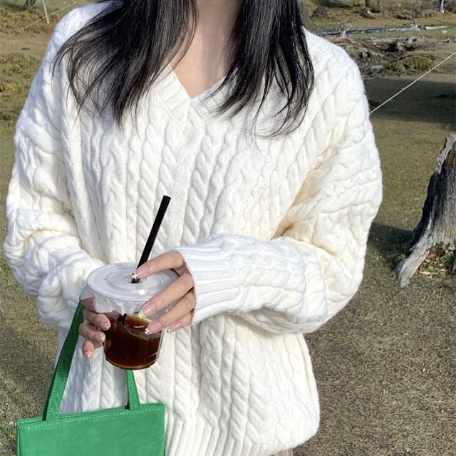 Beem-V-Neck Plain Cable Knit Sweater