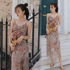 Yuxi - Spaghetti Strap Floral Midi A-Line Dress Yuxi - Spaghetti Strap Floral Midi A-Line Dress