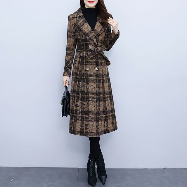 Sienne-Plaid Double-Breasted Coat