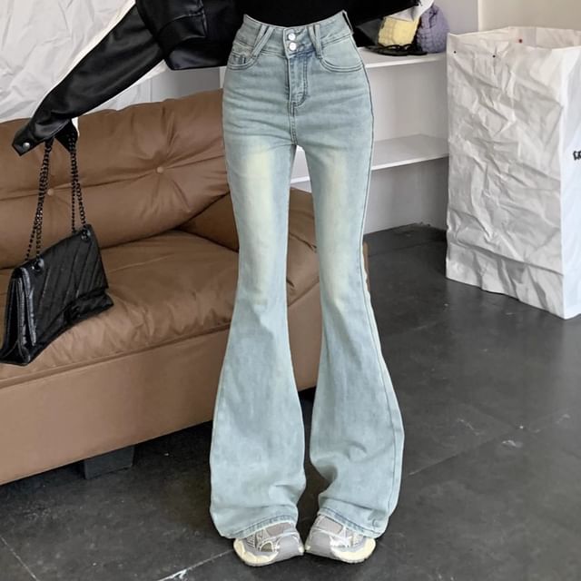 Trendycas-High Waist Washed Bell Bottom Jeans
