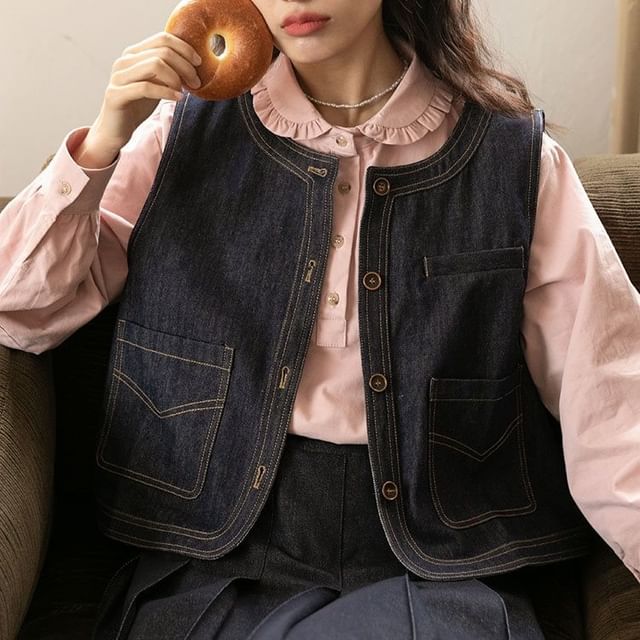 satierra-Round Neck Contrast Stitching Denim Button Vest
