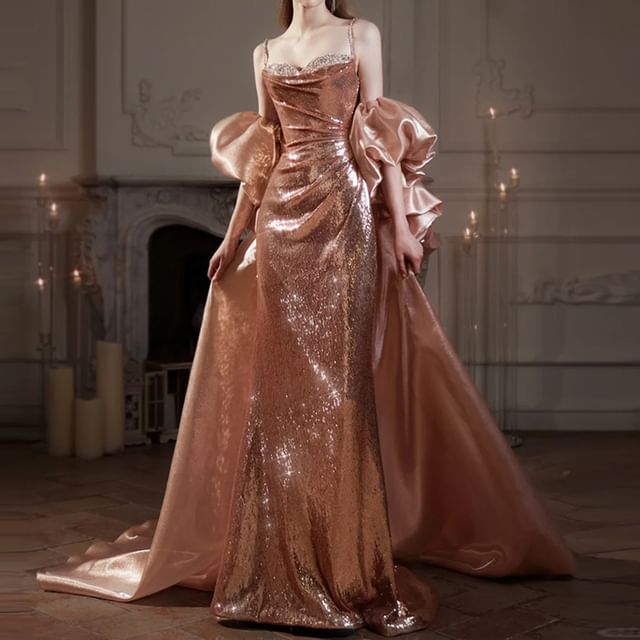 Fioridi-Spaghetti Strap Sequin Ruched Mermaid Evening Gown