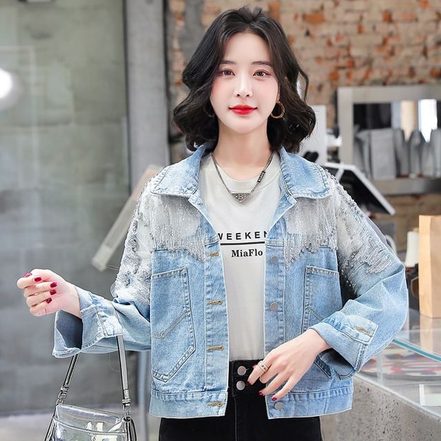 Sienne-Collar Sequin Rhinestone Denim Button Jacket