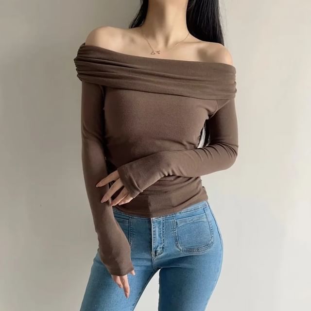 Asiris-Long Sleeve Off-Shoulder Plain Slim-Fit Top