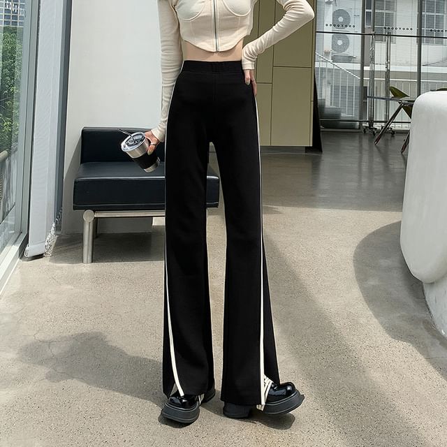 Magimomo - High Waist Contrast Trim Slit Flared Pants (Various