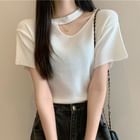 Sisyphi - Short Sleeve Round Neck Striped Cutout Knit Top | YesStyle