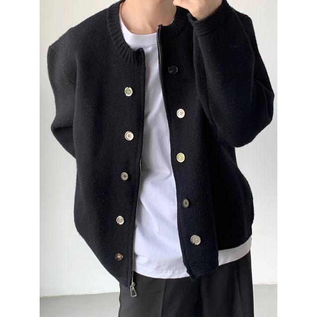 Savenne-Crew Neck Plain Button Accent Zip-Up Cardigan